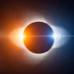 Éclipse solaire presque totale avec effet diamond ring visible et halo de lumière intense dans un ciel étoilé