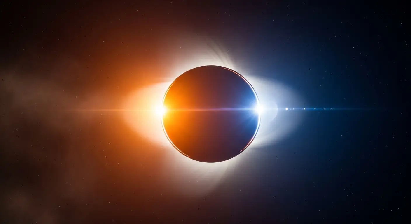 Éclipse solaire presque totale avec effet diamond ring visible et halo de lumière intense dans un ciel étoilé