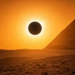 Eclipse solaire totale au-dessus d’une pyramide en Égypte, image générée par IA
