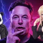 Illustration stylisée d’Elon Musk entre un panda anthropomorphe en blouson et une femme manga en cuir, sur fond électrique