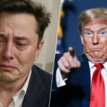Montage d’Elon Musk et Donald Trump se pointant du doigt, en opposition directe sur fond de crise Tesla