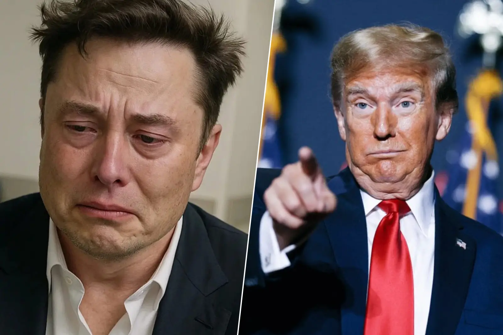 Montage d’Elon Musk et Donald Trump se pointant du doigt, en opposition directe sur fond de crise Tesla