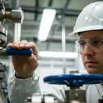 Technicien portant un casque et des lunettes de protection, manipulant une vanne dans une centrale nucléaire