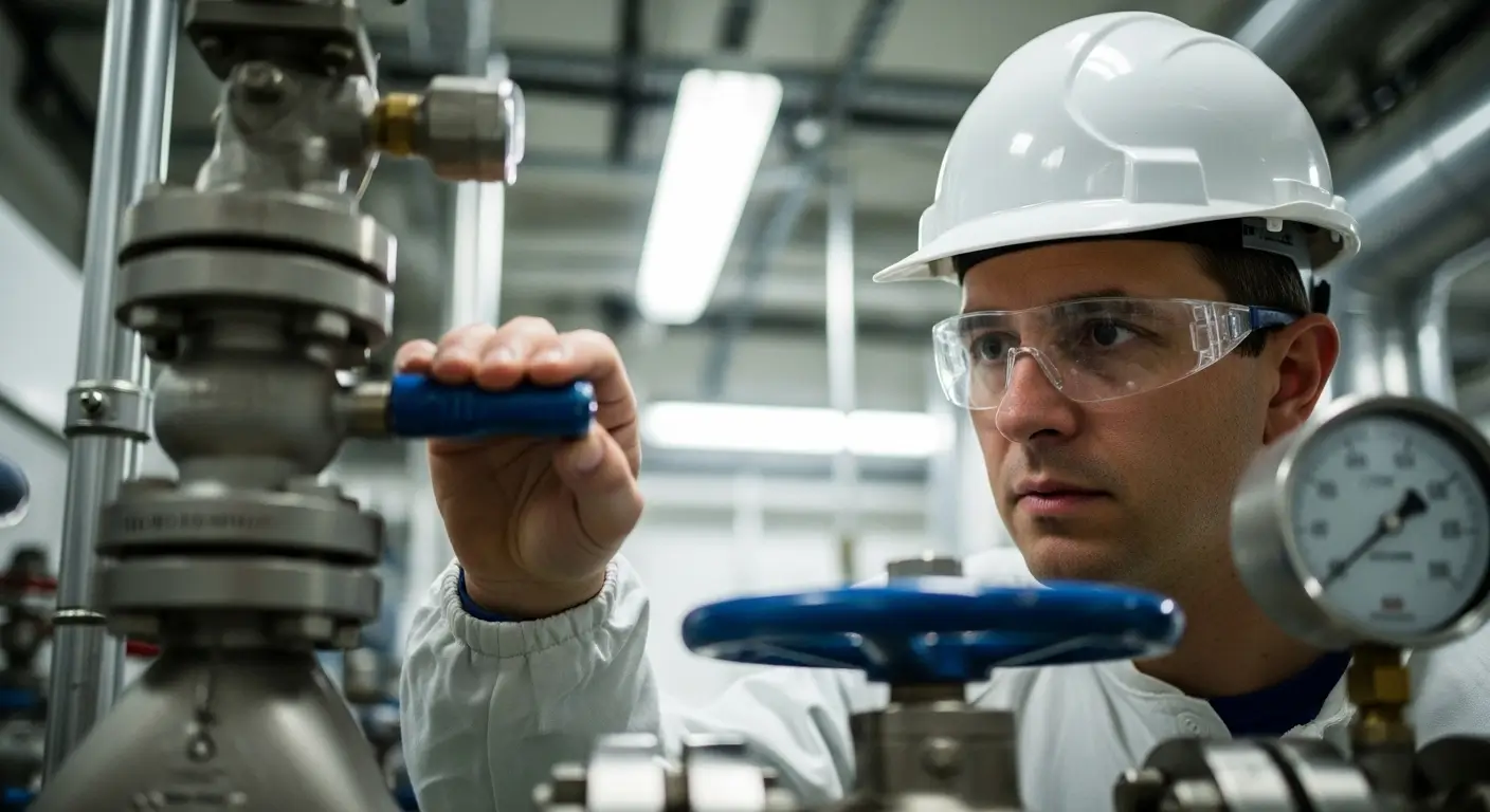 Technicien portant un casque et des lunettes de protection, manipulant une vanne dans une centrale nucléaire