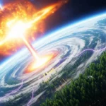 Vue artistique d’un impact énergétique provenant d’une étoile sur la Terre, avec une explosion lumineuse, des orages violents et des forêts perturbées par l’événement.