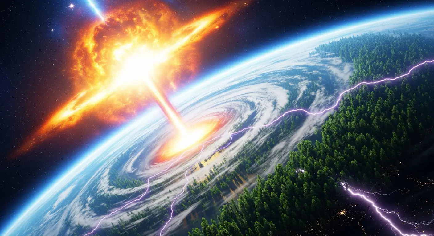 Vue artistique d’un impact énergétique provenant d’une étoile sur la Terre, avec une explosion lumineuse, des orages violents et des forêts perturbées par l’événement.