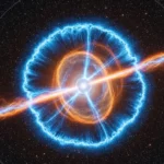 Illustration d’une étoile en fin de vie libérant deux vagues d’énergie dans l’espace après une double explosion stellaire.