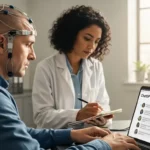 Expérience scientifique d'interaction homme-IA avec capteurs cérébraux, réalisée dans un cadre médical.