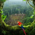 Vue sur une zone déboisée au cœur d'une forêt tropicale luxuriante, avec un ara coloré au premier plan.