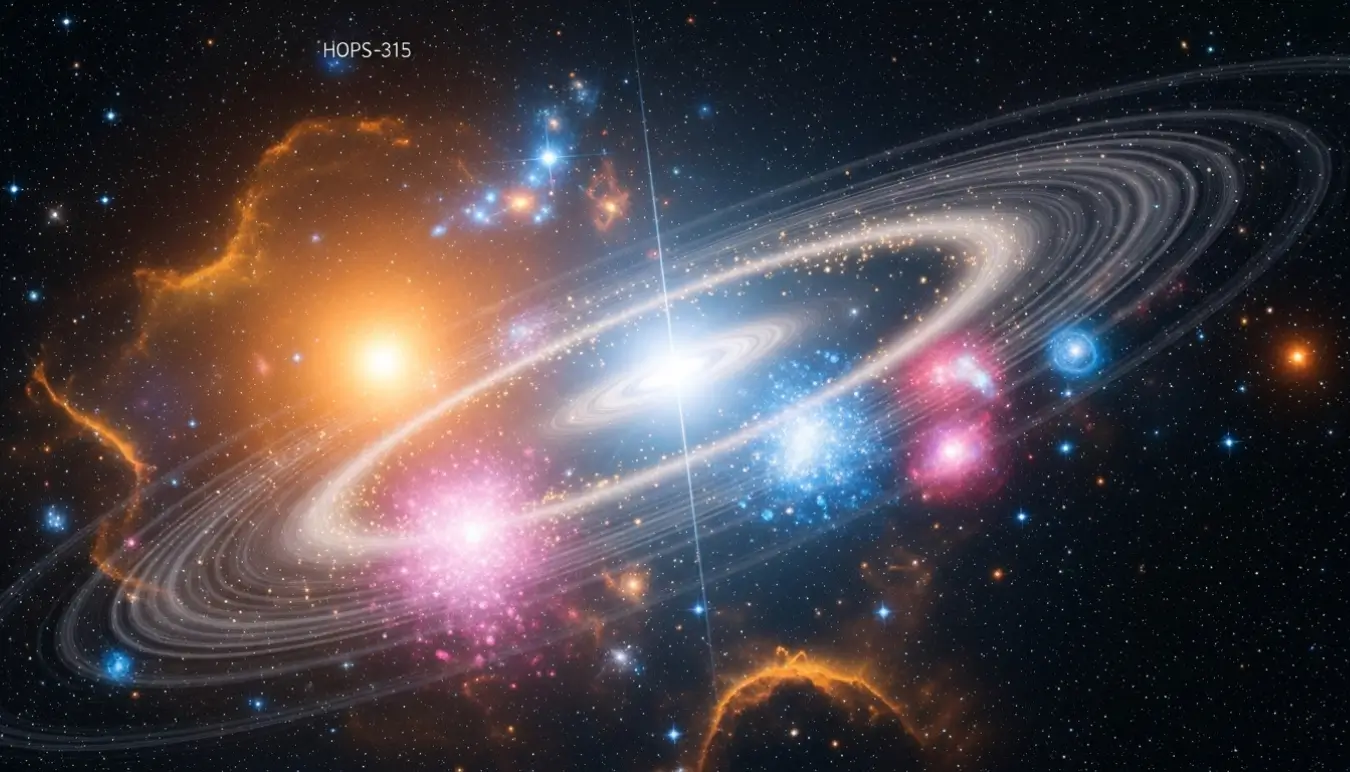 Illustration d’une protoétoile entourée d’un disque protoplanétaire lumineux dans l’espace, captée par James Webb et ALMA.