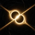 Représentation d’une fusion de deux trous noirs avec émission d’ondes gravitationnelles
