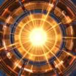Explosion de lumière au centre d’un réacteur de fusion nucléaire futuriste.