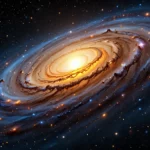 Illustration artistique montrant la Voie lactée entourée de matière clairsemée dans l’espace, avec un halo lumineux central et un fond étoilé