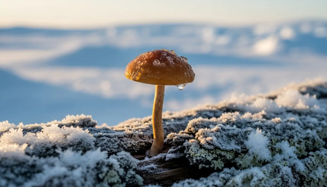 Un champignon Galerina marginata sur une souche givrée, au cœur d’une forêt en hiver