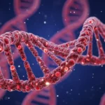 Illustration 3D d’une double hélice d’ADN rouge représentant le génome humain sur fond bleu