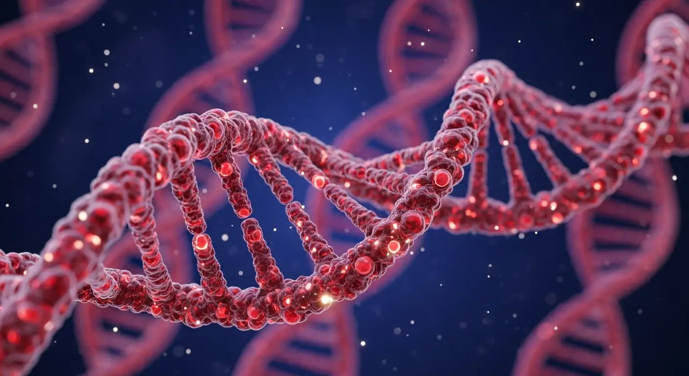 Illustration 3D d’une double hélice d’ADN rouge représentant le génome humain sur fond bleu