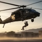 Special forces soldier rappelling from a military helicopter during a sunset raid, symbolizing the intense mission to capture Osama bin Laden.