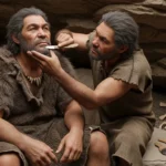 Deux hommes préhistoriques dans une grotte, l’un rasant l’autre avec une lame de silex, entourés d’outils et d’ossements.