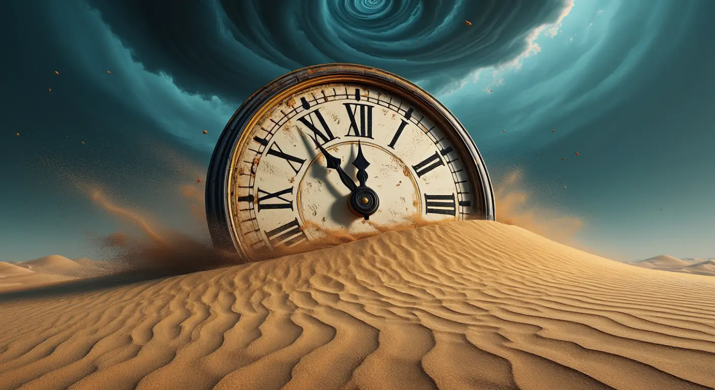 Une horloge géante partiellement enfouie dans le sable d’un désert sous un ciel tourbillonnant