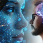 Un homme regarde en face une entité numérique féminine symbolisant l’intelligence artificielle, avec des visualisations du cerveau humain et des réseaux de données.