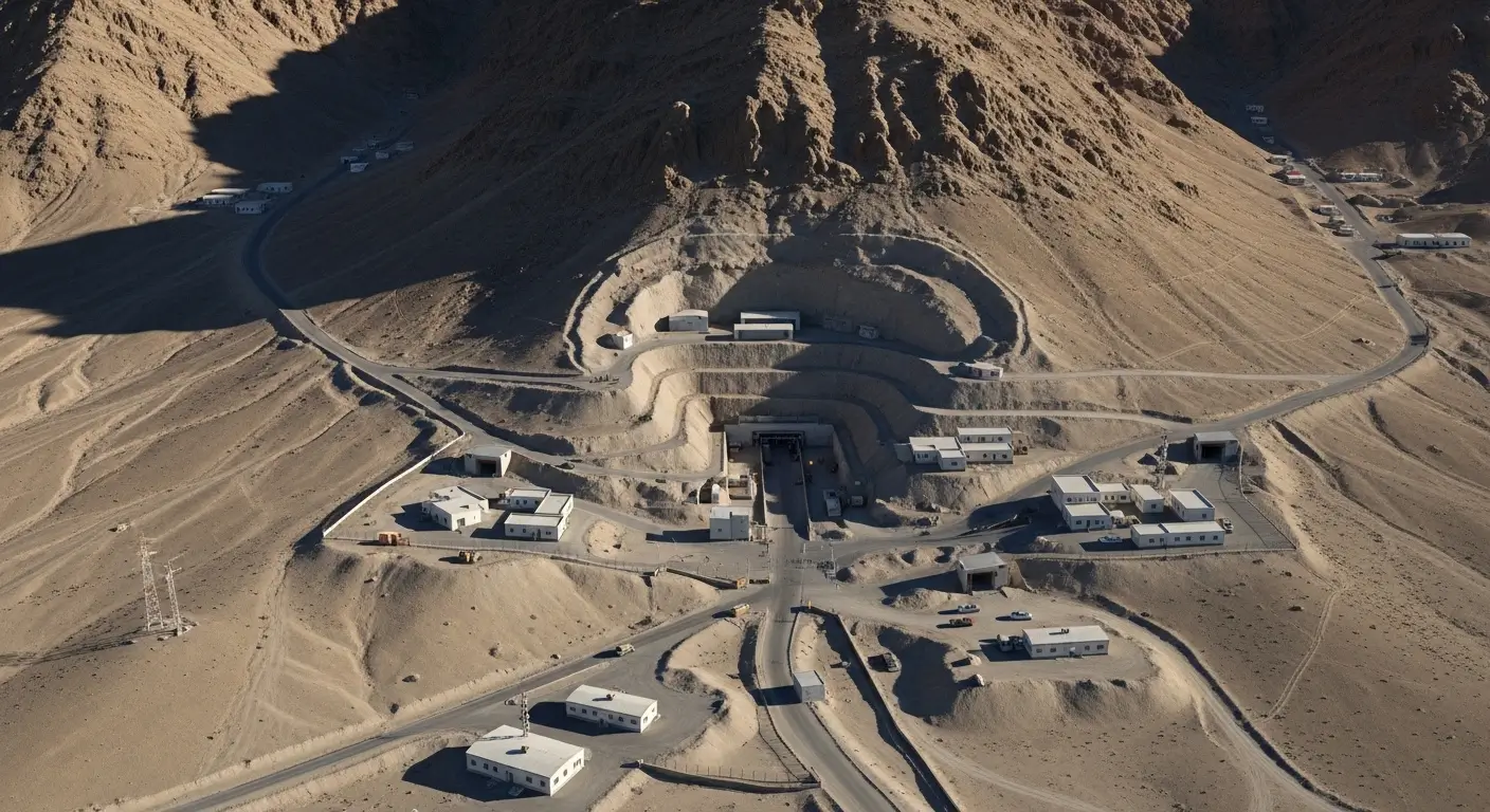 Photo d’un site creusé dans une montagne désertique, utilisée à titre d’illustration pour évoquer un site nucléaire enfoui