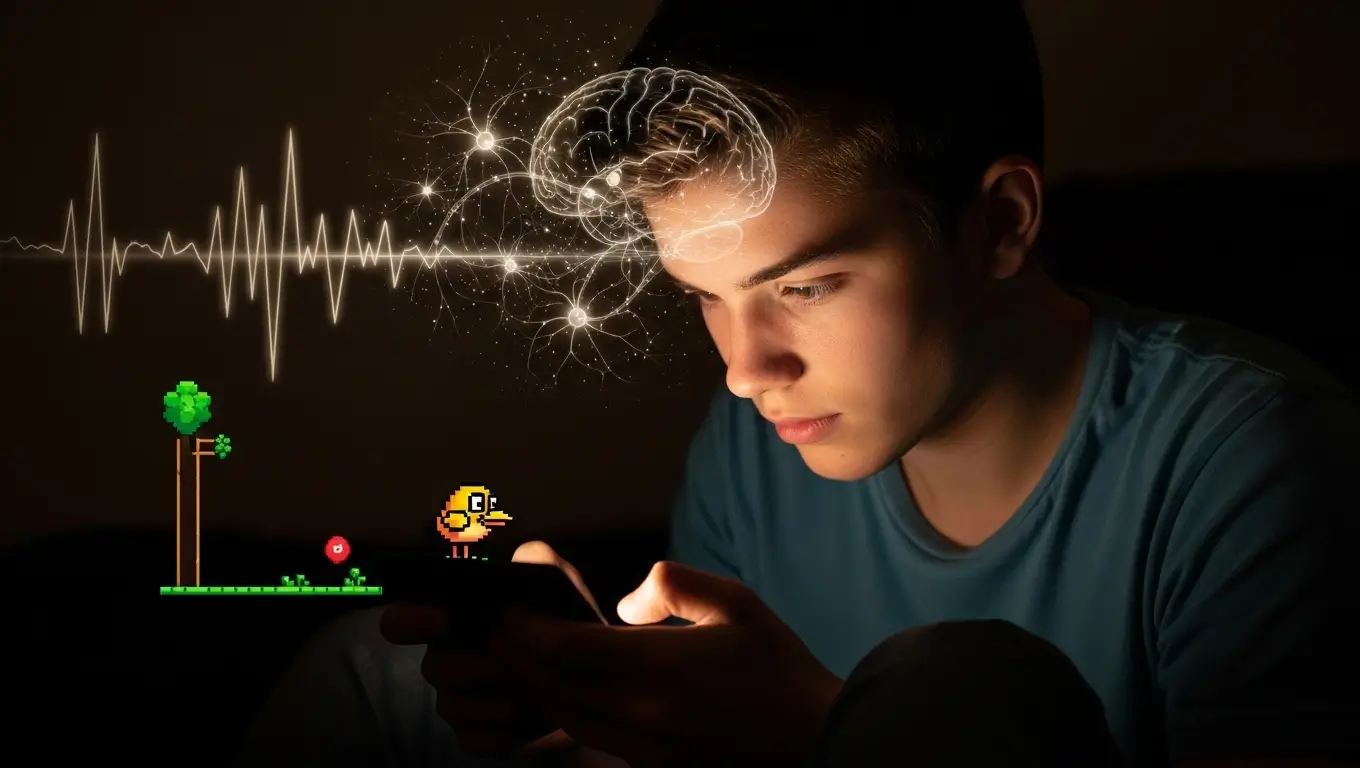 Adolescent concentré sur un jeu mobile, avec visualisation d’ondes cérébrales et d’un cerveau en surimpression
