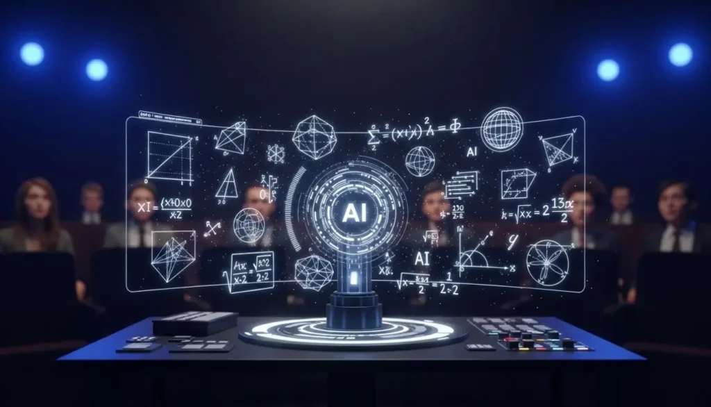 Illustration d’une intelligence artificielle analysant des équations mathématiques complexes devant un public de chercheurs