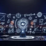 Illustration d’une intelligence artificielle analysant des équations mathématiques complexes devant un public de chercheurs