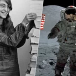 À gauche, Margaret Hamilton souriante devant la pile de code du programme Apollo 11 ; à droite, un astronaute américain marche sur la Lune.