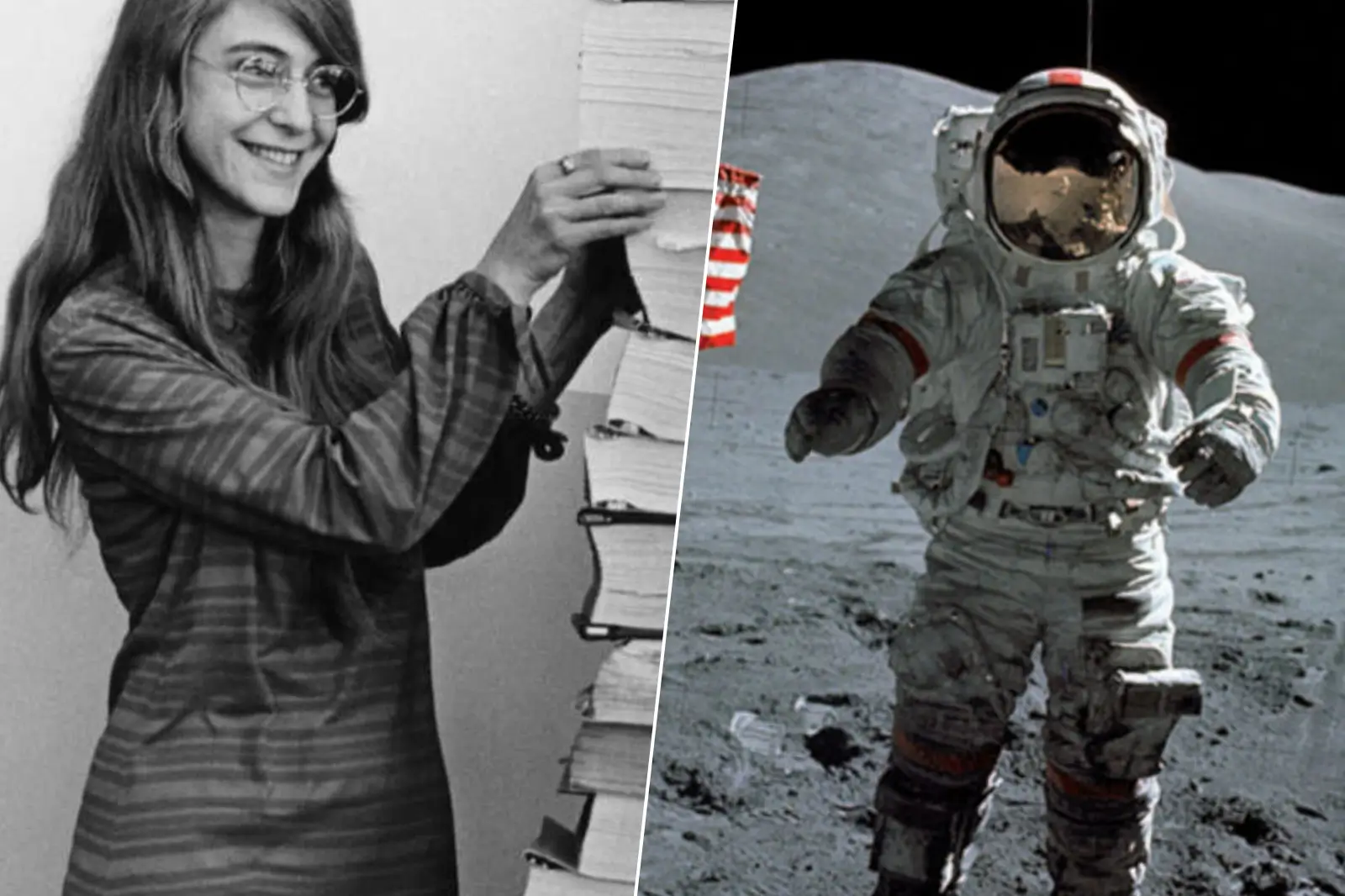 À gauche, Margaret Hamilton souriante devant la pile de code du programme Apollo 11 ; à droite, un astronaute américain marche sur la Lune.