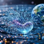 Illustration futuriste d’un micro-organisme artificiel complexe se développant dans l’eau, avec la planète Terre en arrière-plan.