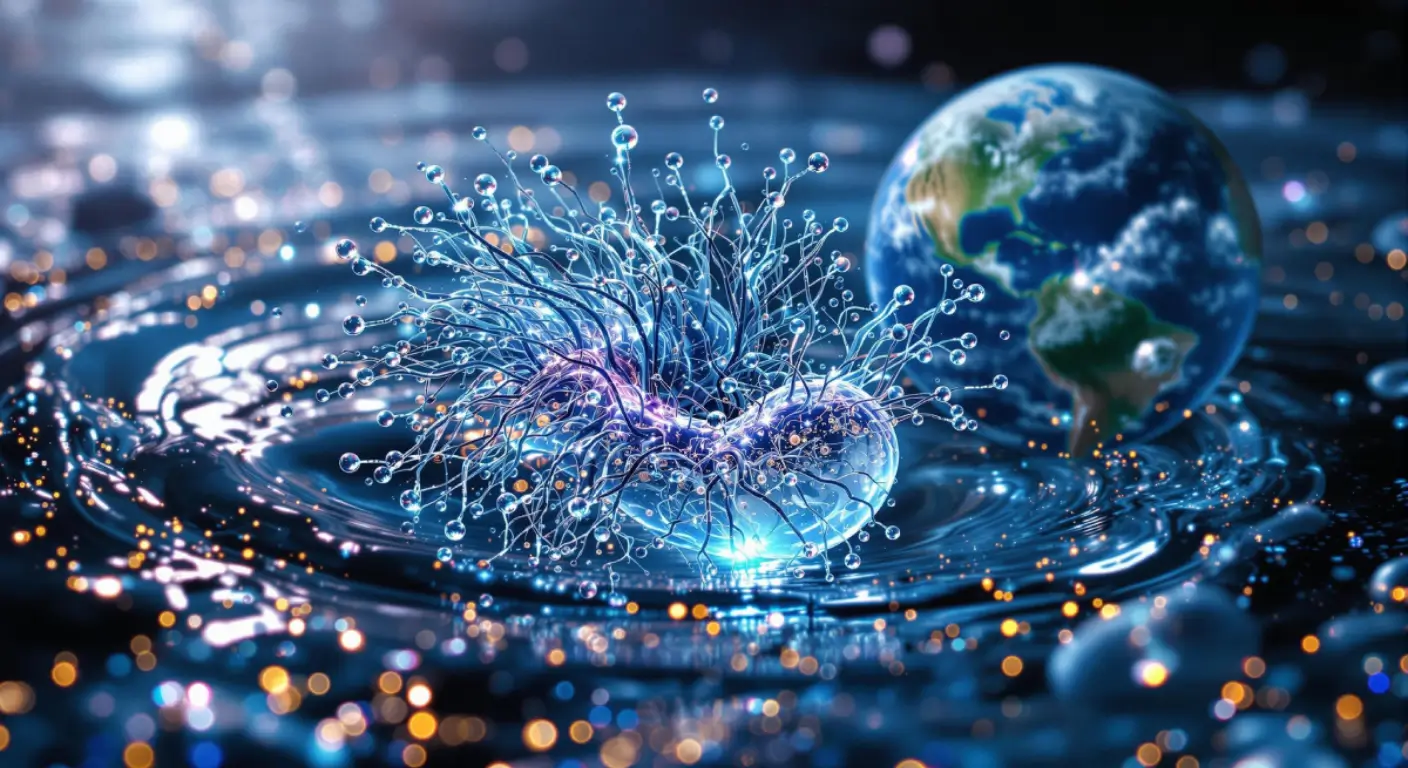Illustration futuriste d’un micro-organisme artificiel complexe se développant dans l’eau, avec la planète Terre en arrière-plan.