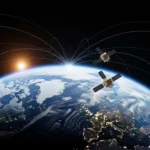 Satellites en orbite au-dessus de la Terre, capturant les flux atmosphériques depuis l’espace
