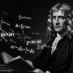 Portrait en noir et blanc d’Isaac Newton avec des équations mathématiques flottant autour de lui.
