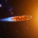 Objet spatial en feu se dirigeant vers le Soleil dans l’espace profond.