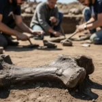 Gros plan sur un os fossilisé de dinosaure découvert sur un site de fouilles en Charente, avec des chercheurs travaillant en arrière-plan