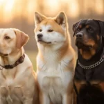 Trois chiens loyaux — un Labrador Retriever, un Akita Inu et un Rottweiler — assis calmement dans une clairière au coucher du soleil, avec une lumière chaude et douce.