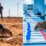 À gauche : un rat équipé d’un harnais inspecte un terrain de déminage. À droite : un rat renifle des échantillons dans un laboratoire pour détecter la tuberculose.