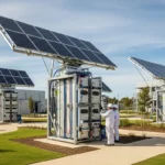 Des chercheurs en combinaison observent un réacteur solaire expérimental équipé de panneaux photovoltaïques, dans l’enceinte d’un centre de recherche moderne