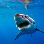 Grand requin blanc nageant en pleine mer avec la gueule ouverte, vu de face