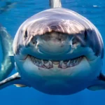 Gros plan d’un grand requin blanc nageant en pleine mer avec la gueule entrouverte