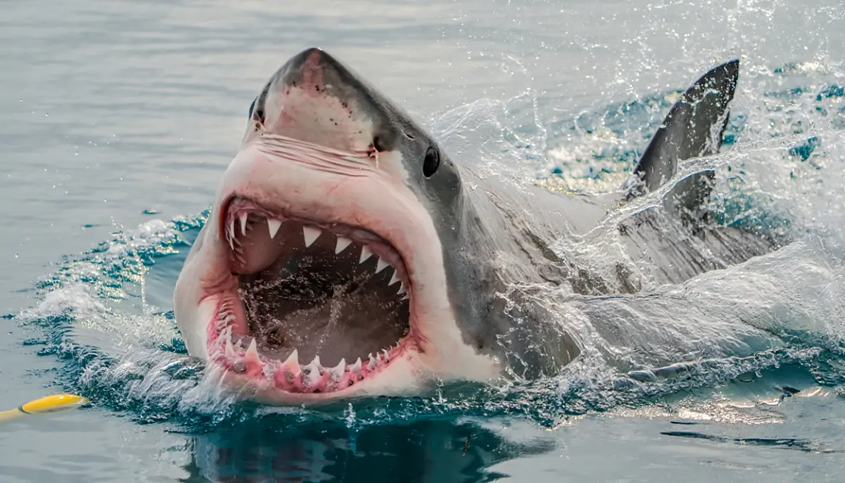 Grand requin blanc bondissant hors de l’eau avec la gueule grande ouverte, prêt à mordre