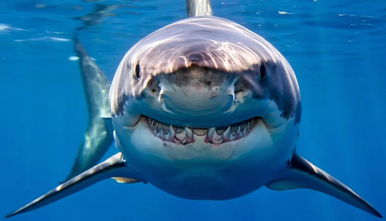 Gros plan d’un grand requin blanc nageant en pleine mer avec la gueule entrouverte