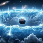 Illustration artistique d’un immense réservoir d’eau galactique entourant la Terre, représentant une vision symbolique de l’eau dans l’univers