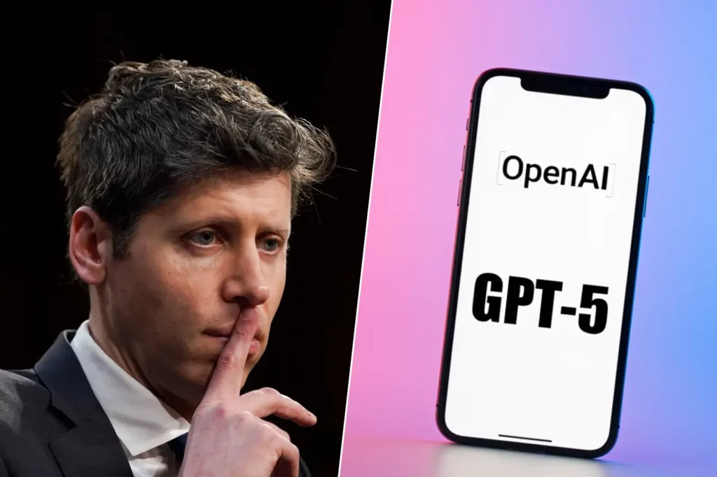 Sam Altman, PDG d’OpenAI, pensif, à côté d’un smartphone affichant le lancement imminent de GPT-5