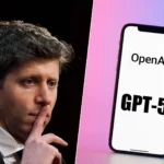 Sam Altman, PDG d’OpenAI, pensif, à côté d’un smartphone affichant le lancement imminent de GPT-5