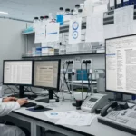 Scientifique en blouse blanche dans un laboratoire moderne, travaillant devant plusieurs écrans affichant des publications scientifiques générées automatiquement