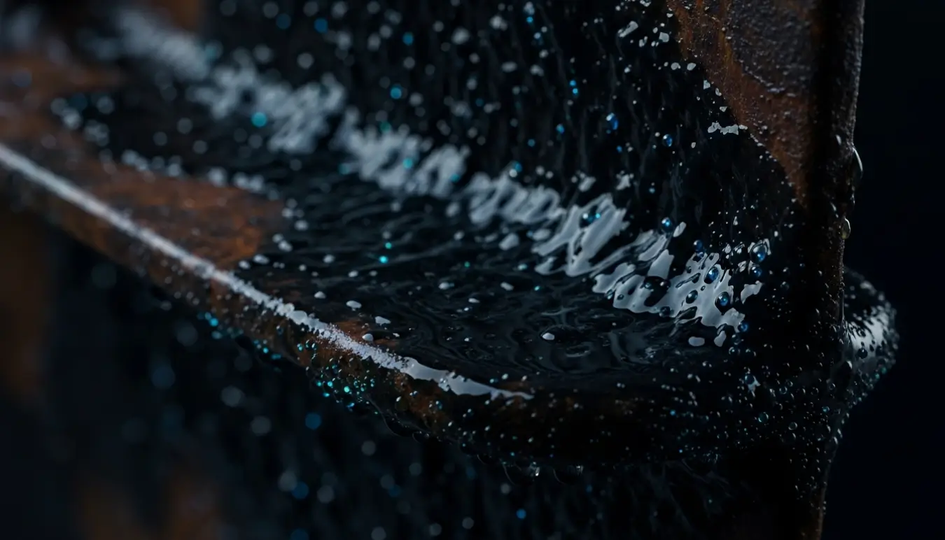 Substance noire brillante et visqueuse sur une coque rouillée de bateau, recouverte de microbulles.