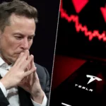 Montage montrant Elon Musk soucieux à gauche et une chute boursière de Tesla à droite, avec flèches rouges