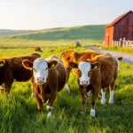 Cinq jeunes vaches Hereford dans une prairie verdoyante, au lever du soleil, avec une grange rouge en arrière-plan